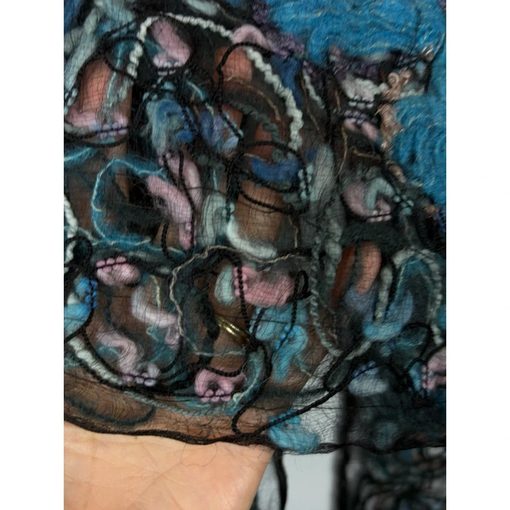 Artisan Silk Scarf Blue Hand Felted India Womens OS Artsy Boho Hippie Rectangle
